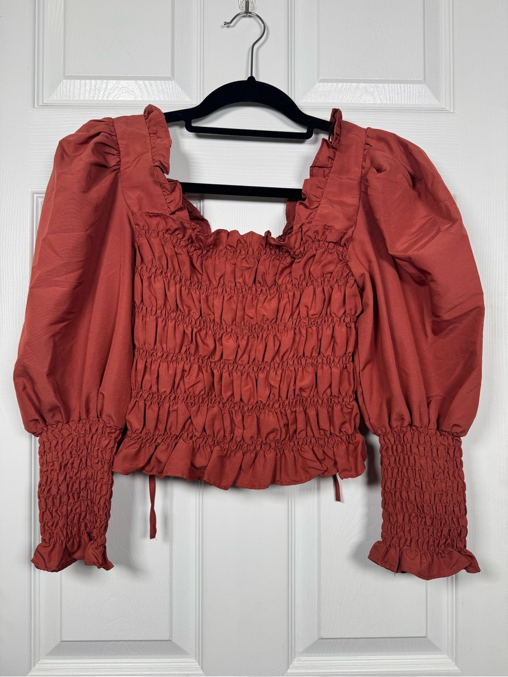 Milk & Honey Smocked Puff Sleeve Ruffle Crop Top Rust Orange Brown S